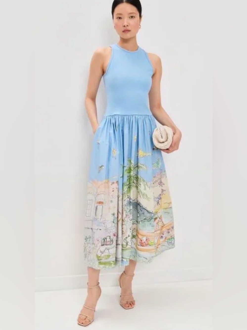 ALรMAIS Women's Blue Anouk Tank Midi Dress Light Blue Printed Midi Skirt US 4